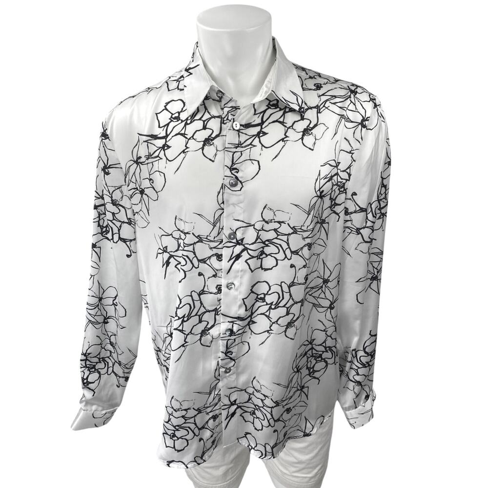 Akings Men's White Silky Satin Floral Print Long Sleeve Button Down Shirt Top L